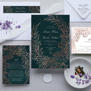 Budget Elegant Green Wreath Bronze Wedding Einladu