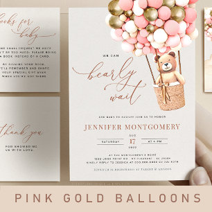 Pink Gold Bear Balloons Baby Shower Girl All In One Einladung