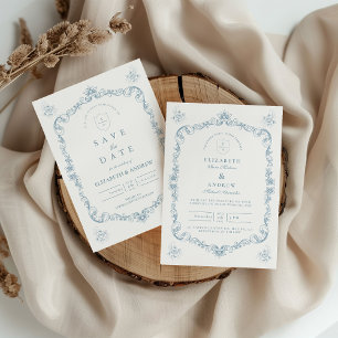Staubblaue barocke Linienkunst-Hochzeit Save The Date