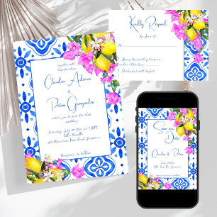 Blue Tiles Bougainvillea Zitronen Hochzeit Einladung