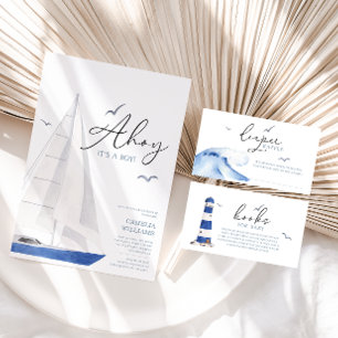 Minimal Nautical Sailboat Baby Shower Ahoy Boy's Runder Aufkleber