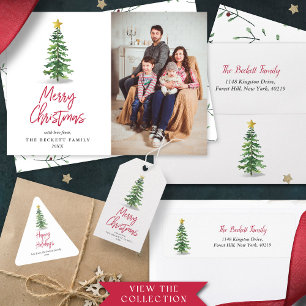 Wasserfarbene Pine Tree Weihnachtsfeiertag Foto Feiertagskarte