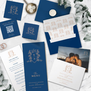 Monogram Wappen Herz Krone Blaue Rose Goldhochzeit Einladung