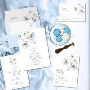 Soft Delicate Dusty Blue Gold Wildblumen Hochzeit Einladung