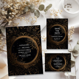 Mystical Celestial Black and Gold Wedding RSVP Karte