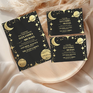 Celestial Black Gold Crescent Moon Wedding RSVP Karte