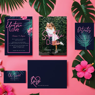 Neonrosa, tropische Retro-Hochzeit mit elektrische RSVP Karte