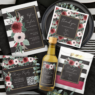 Minimalistischer Schwarz-weißer Streifen Floral Ma Einladung