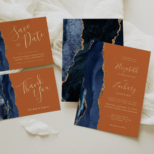 Navy Blau Gold Achat verbrannte Orange Hochzeit Einladung
