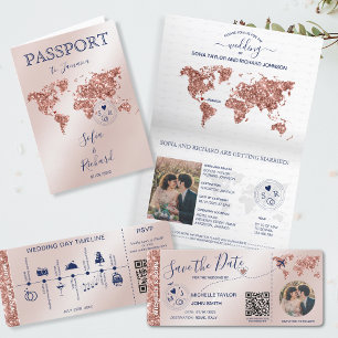 Hochzeit in Urlaubsort Passport World Map Rose Gol Einladung