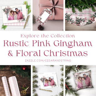 Ländliches rosa Blumen-Gingham-Karo-Festfoto Feiertagskarte