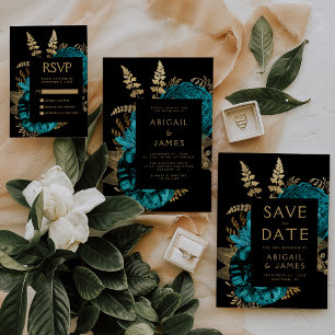 Moody Dark Floral Türkise Gold Wedding RSVP Begleitkarte