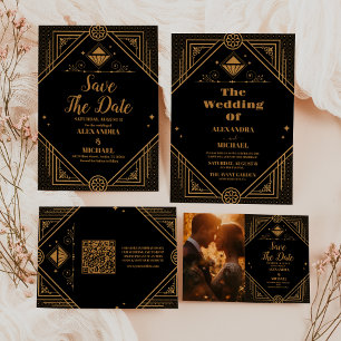 Foto Black Gold Geometric Art Deco Hochzeit Save The Date