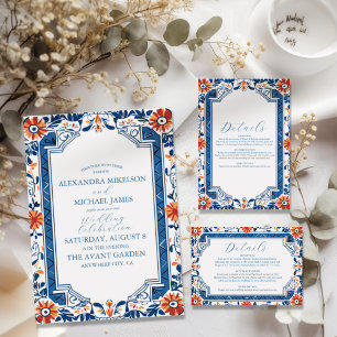Blue Mediterranea Tile & Lemon Wedding Einladung