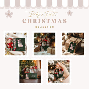 2 Foto Pink Green Baby First Christmas Feiertagskarte