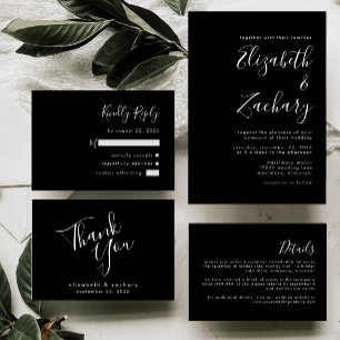 Moderne Schwarz-Weiß-Script-Hochzeit RSVP Karte