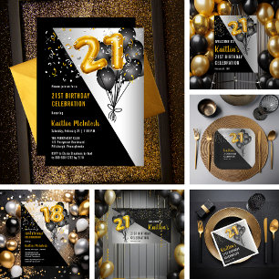Balloons Elegant Black   Gold 21. Geburtstag Party Acryleinladungen