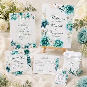 Blaue Wildblumen-Hochzeit   Off White Boho Floral Einladung