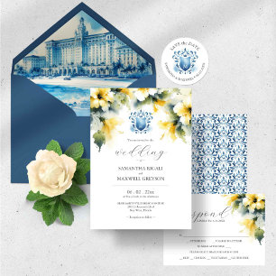 Monogram Watercolor Blue and Yellow Wedding Einladung