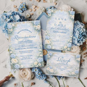 Blaue Florale Gold-Garten-Quinceañera Einladung