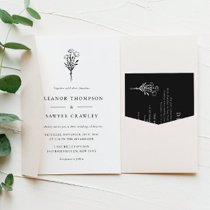 Moderne Minimalistische Blumenstrauß Black Wedding Einladung