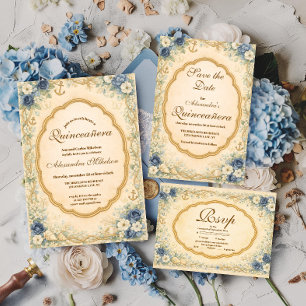 Vintage Navy Coastal Quinceañera RSVP Karte