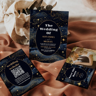 Foto Celestial Midnight Blue Stars Moon Wedding Save The Date