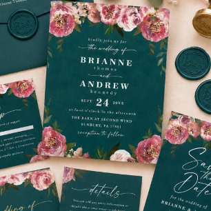 Blühende Chic Deep Teal Grün Florale Hochzeit Einladung