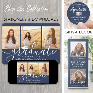 3er Fotocollage Navy Blau & Weiß Abschlussfeier Einladung