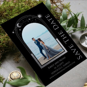 Schwarze Silber-Himmels-Sonne-Mond-Sterne-Hochzeit RSVP Karte