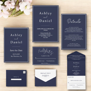 Elegant Chic Navy Blue White Minimal Wedding Begleitkarte