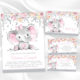 Girl Pink Gray Elephant Diamond Baby Dusche Einladung