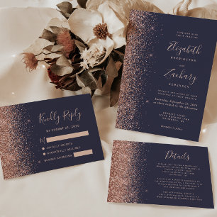 Moderne Dunkelblaue Rose Gold Glitzer Edge Wedding Einladung
