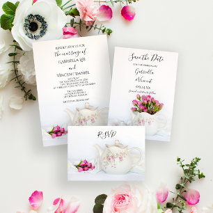 Teekanne mit rosa Rosen Hochzeitskarte für RSVP