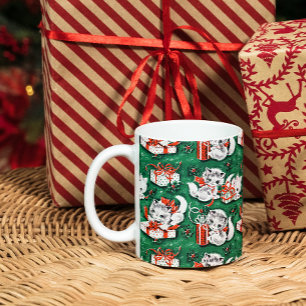 50er Jahre Grünes Weihnachtsmuster mit Kätzchen Feiertagspostkarte