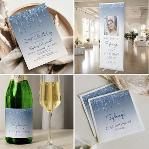 Chic Glitter Drip Blau 21. Geburtstag Einladung