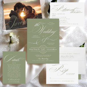 Traditionelle Elegante Kalligrafie Sage Green Wedd RSVP Karte