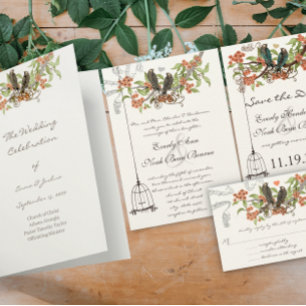 Coral Apple Aqua Vintage Vögel Einladung Hochzeit