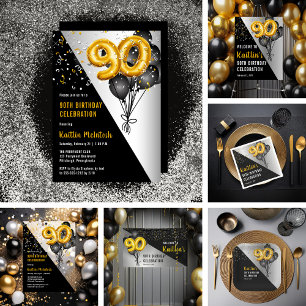Balloons Elegant Black   Gold 90. Geburtstagsparty Banner
