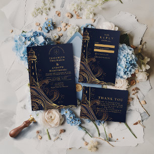 Goldenes Leuchtturm-Nacht-Hochzeit RSVP Karte