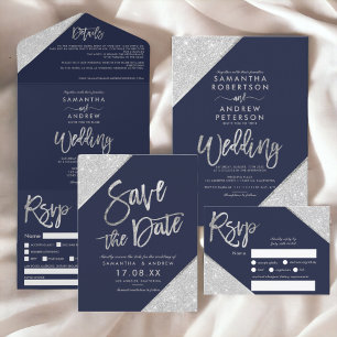 Chic silber Glitzer Typografie Marine blaue Hochze All In One Einladung