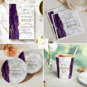 Lila Agate Marble Gold Script 80. Geburtstag Serviette