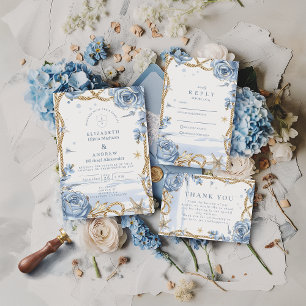 Blaue Rose Küstenhochzeit mit Seil Dankeskarte