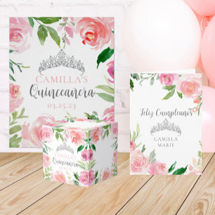 Hübsch Pink Floral Quinceañera Silver Tiara Party Poster