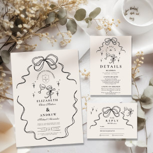 Doodle Champagne Whimsical Bow Wedding All In One Einladung