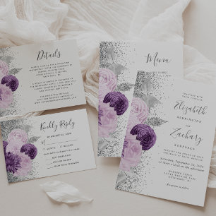 Blumige lila-silberne Menüwahl-Hochzeit RSVP Karte