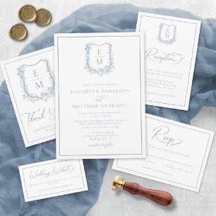 Elegant Dusty Blue Floral Wappen Monogram Wedding Dankeskarte