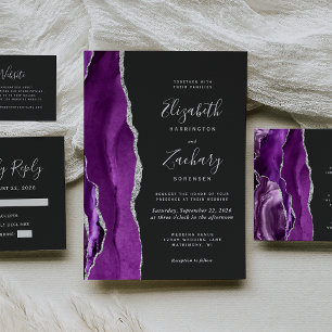 Modern Purple Silver Agate Dark Wedding Details Begleitkarte
