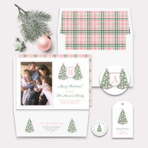 Weihnachtsfeiertag in Pink Green Monogram, Maximal Feiertagskarte