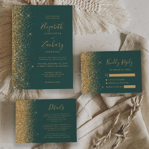 Moderne goldene Glitzer Edge Dark Green Wedding Einladung